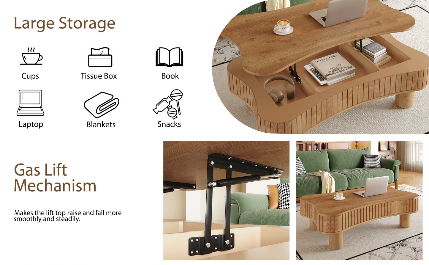 Lift Top Coffee Table for Living Room 42" - Fluted Panel Hidden Storage, Silent Hydraulic Lift, Curved Safety Corners, 5 Min Assembly (27"W X 13-18.9"H, Light Brown)