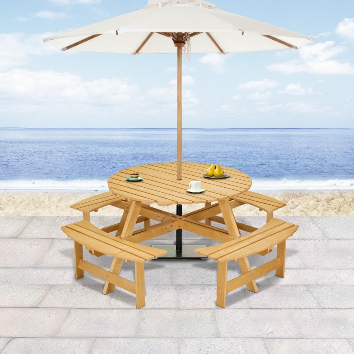 8-Person Round Outdoor Picnic Table with 4 Built-in Benches - Natural Weather Resistant Wood for Garden, Backyard, Patio