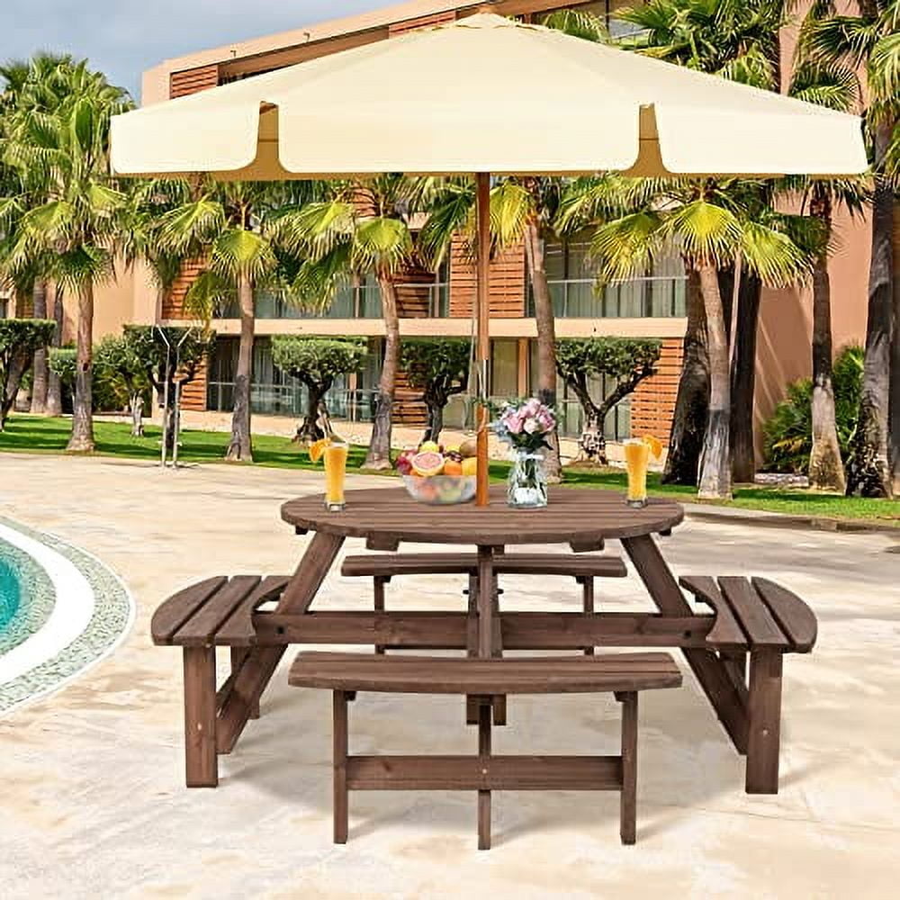 GLACER 8 Person Wooden Picnic Table, Outdoor Round Patio Table with Seat & Umbrella Hole, 2200 LBS Weight Capacity for Patio, Backyard, Garden