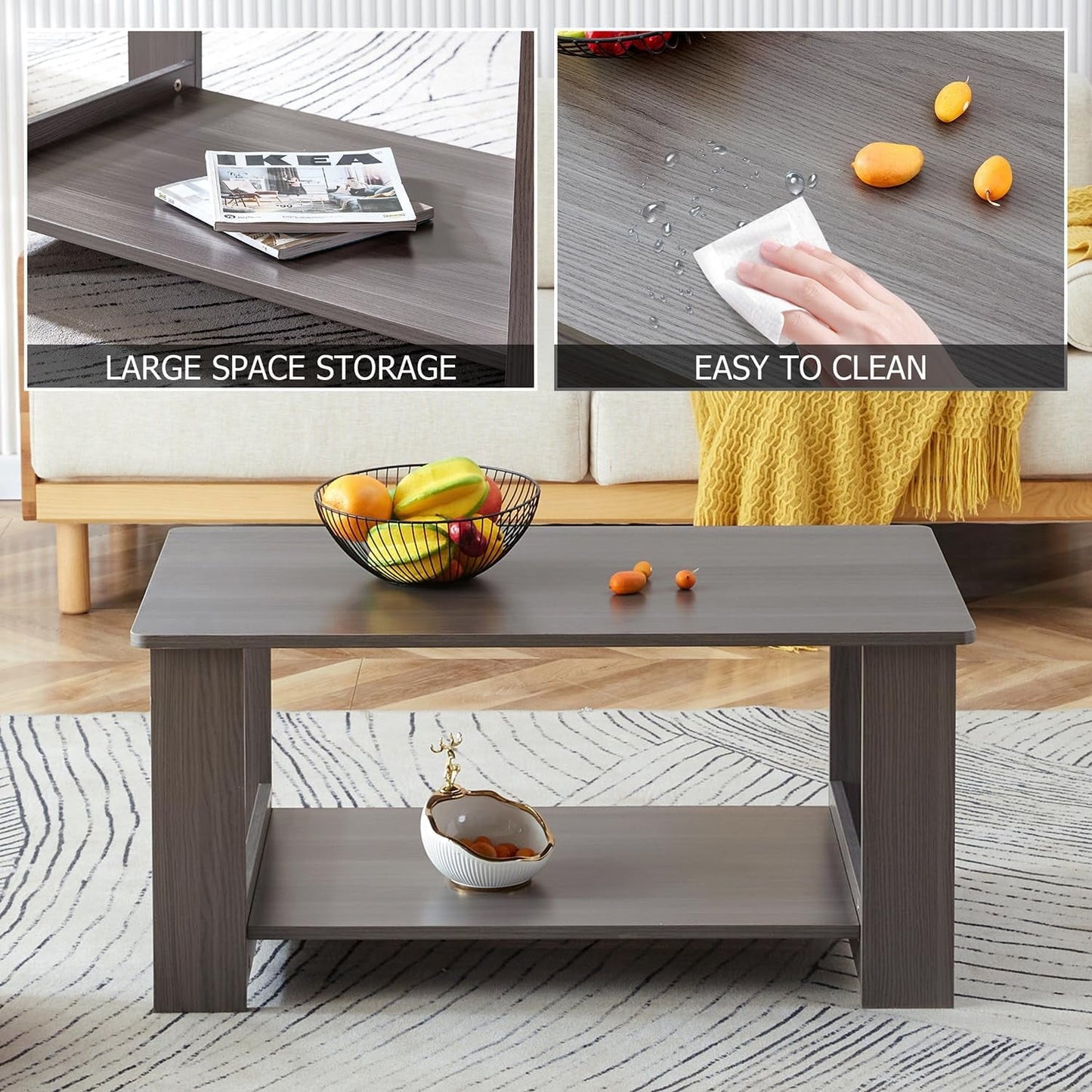 Small Coffee Tables for Small Spaces Wooden Coffee Tables for Living Room 2-Tier Coffee Table with Storage Double Layered (Gray, 19.6"*35.4"*16.5")