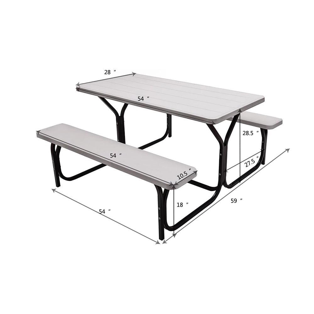 Picnic Table Bench Set, Outdoor All Weather Bench with Metal Base, Wood-Like Texture for Park, Backyard, Poolside, Camping, Garden, Lawn, White