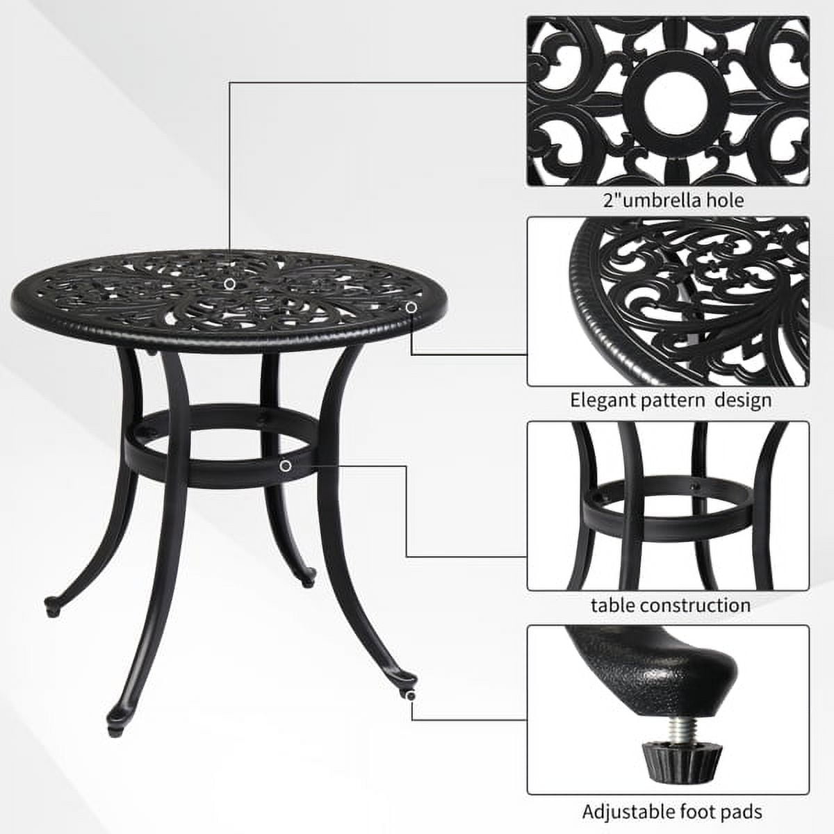 Black Cast Aluminum Outdoor Round Table with Phoenix Cutout, 23.6" Dia, 2" Umbrella Hole & Adjustable Feet for Patio Garden