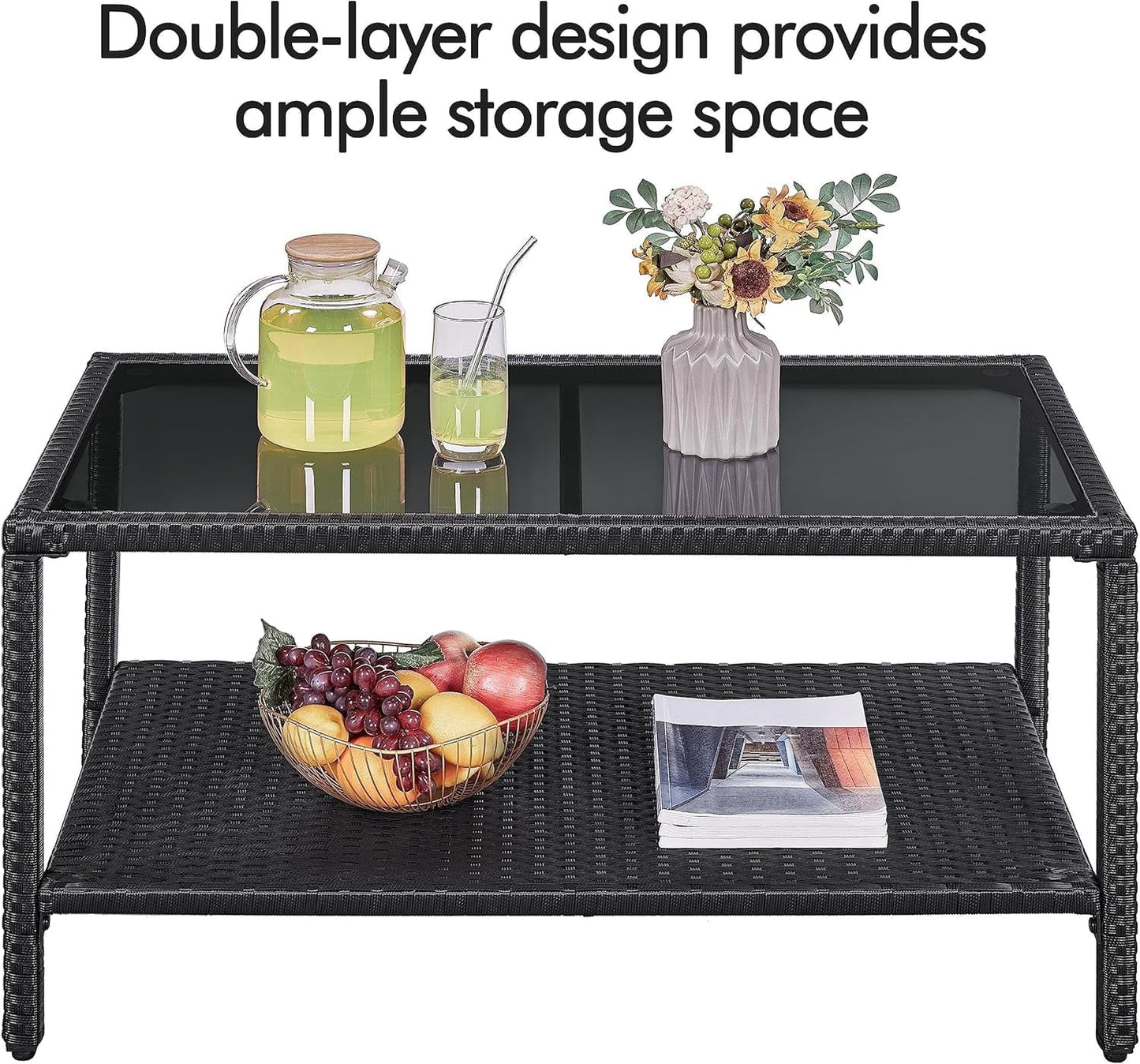 YUONAO Outdoor Wicker Coffee Side Table, All-Weather Rattan Patio Storage Furniture with Tempered Glass Top for Garden, Black