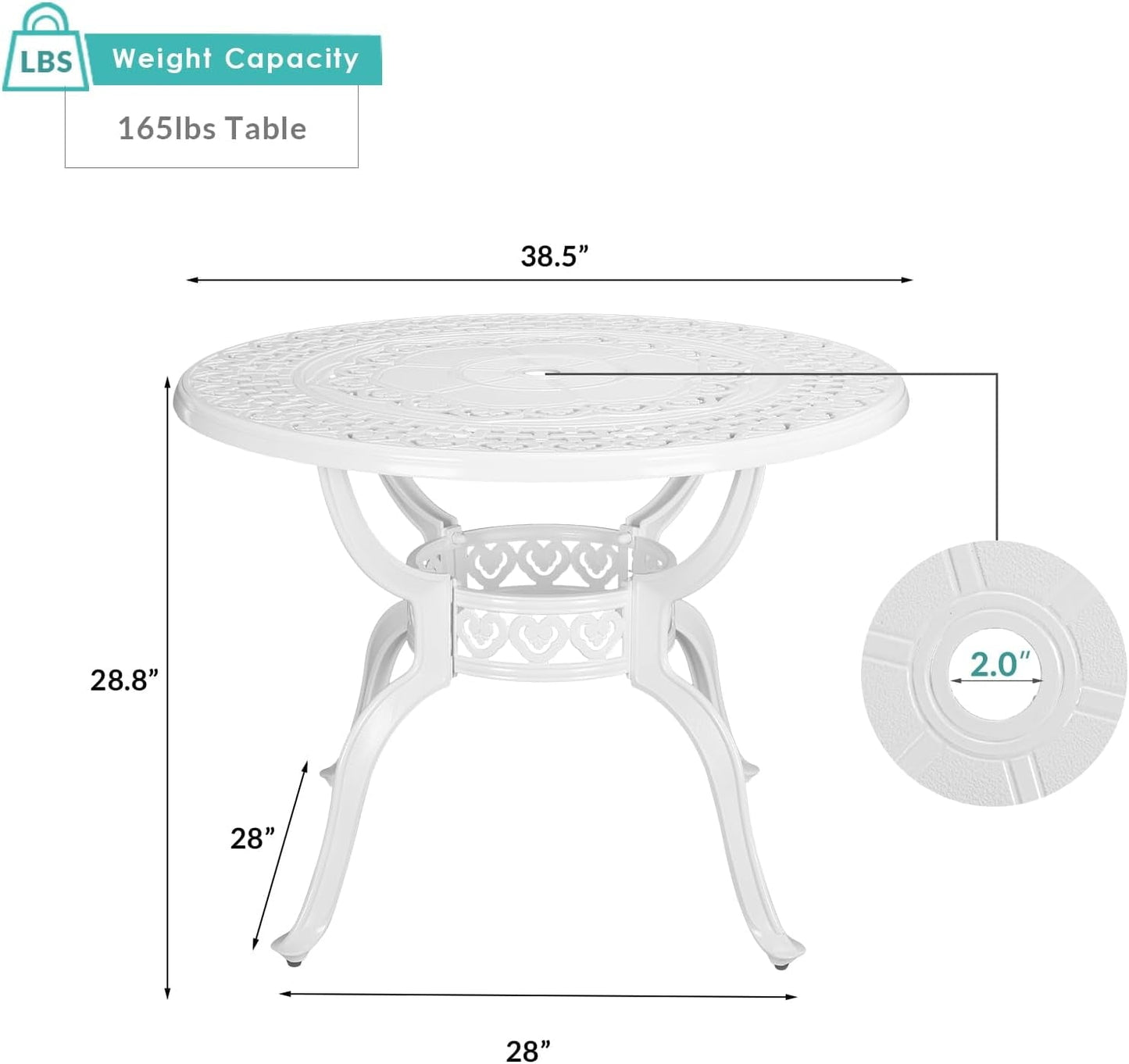 MEETWARM 38.5" Round Patio Dinning Table, Outdoor Cast Aluminum Dinning Table with 2" Umbrella Hole, White