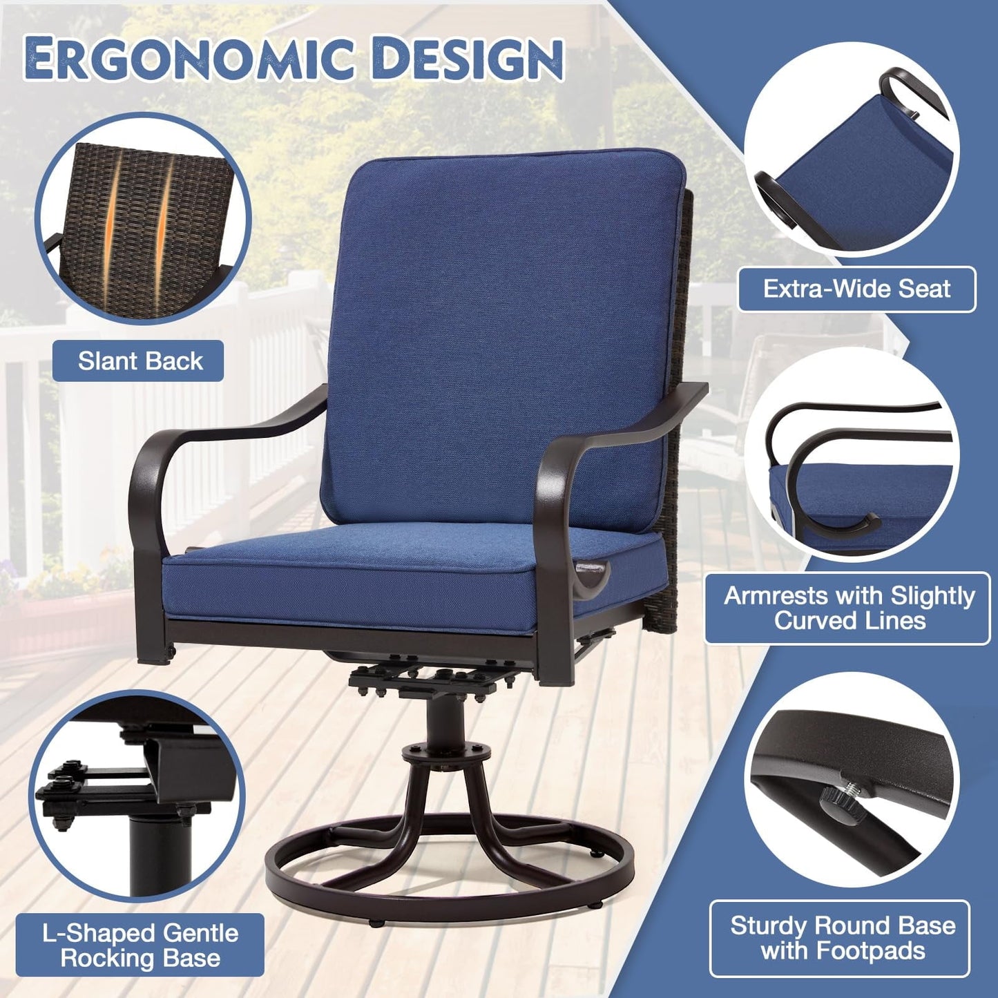 MELLCOM Patio Swivel Chair Set of 2, Outdoor Dining Chairs with Thickened Cushions, Wicker Chairs with Gentle Rocker for Porch, Garden, Backyard, Poolside, Deck, Blue