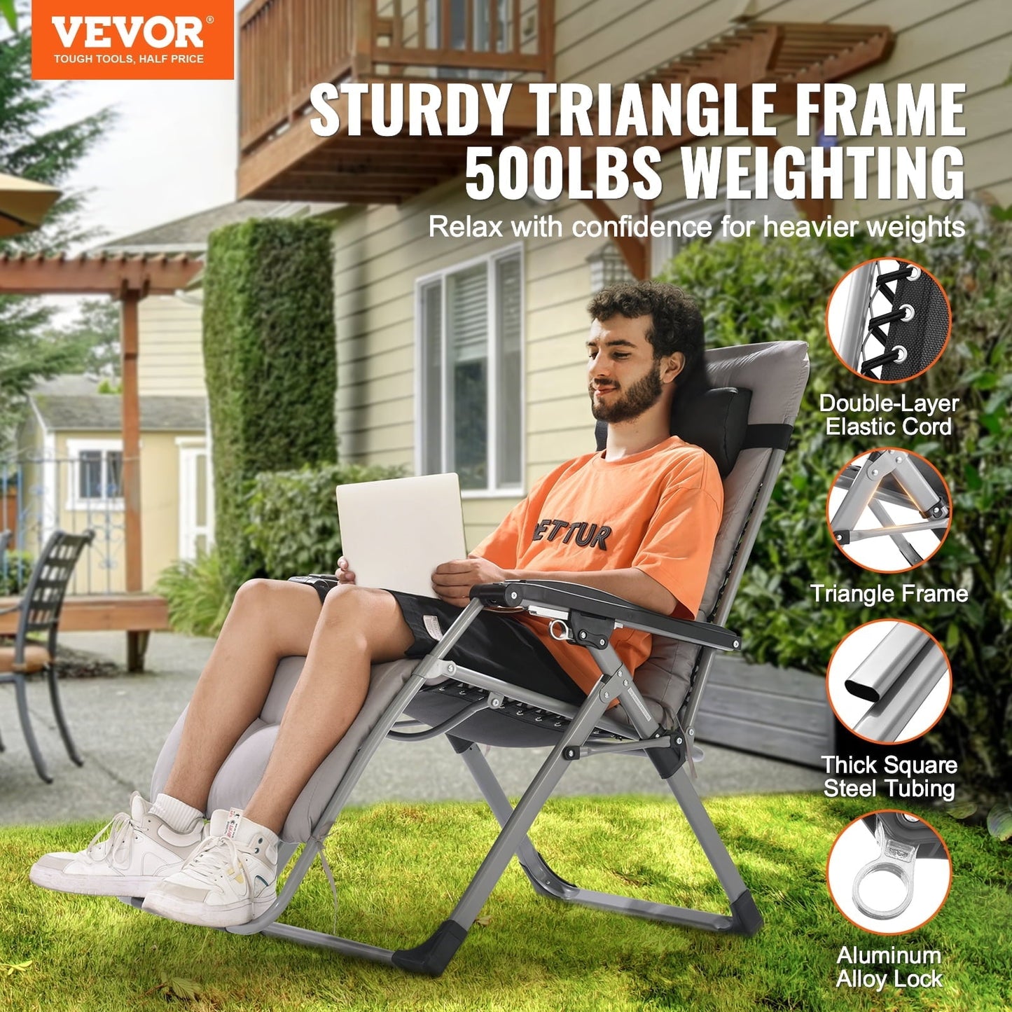 VEVOR Zero Gravity Chair, 26 inch Zero Gravity Recliner Lounge Chair for Indoor and Outdoor, Adjustable Anti Gravity Chair with Cushion, Headrest, Footrest, and Cupholder, 500 lbs, Gray