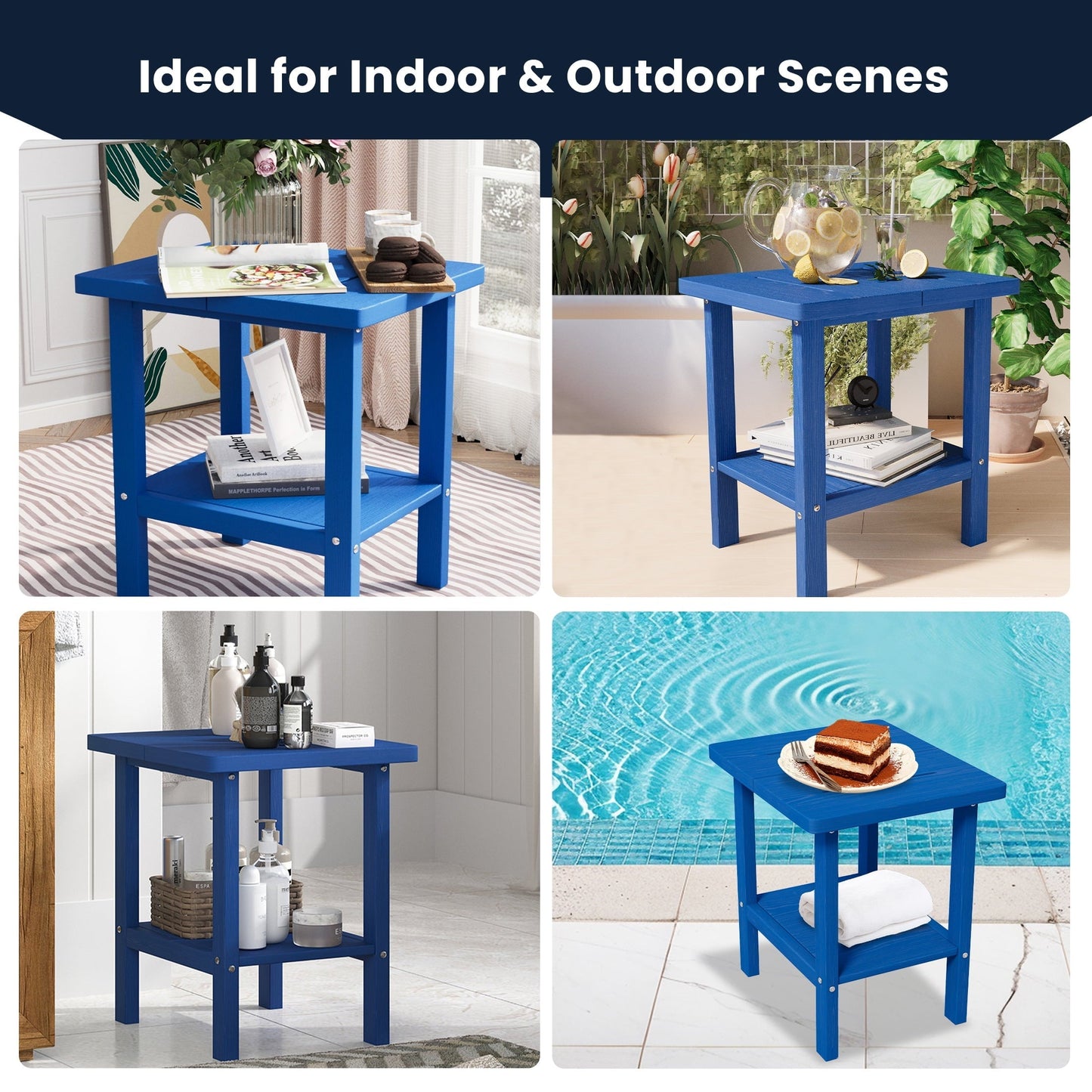 AreShark 2-Tier Outside Adirondack Side Table, Weather Resistant Square Outdoor Side Tables, Outdoor End Table for Backyard Pool Indoor Companion Front Porch, Navy