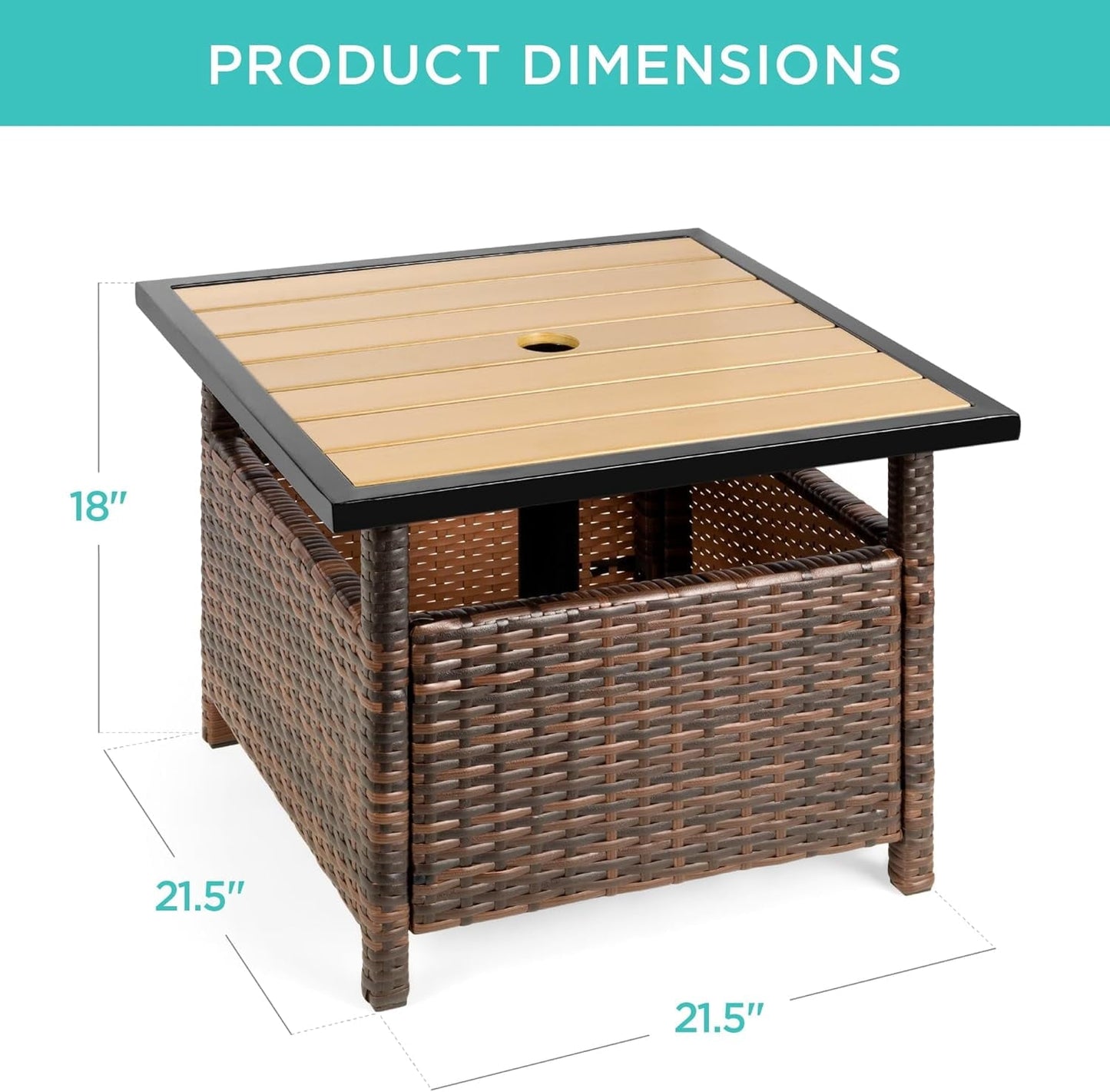 SUPQ Wicker Side Table with Umbrella Hole, Square PE Rattan Outdoor End Table for Patio, Garden, Poolside, Deck w/UV-Resistant Frame, Storage Space - Brown