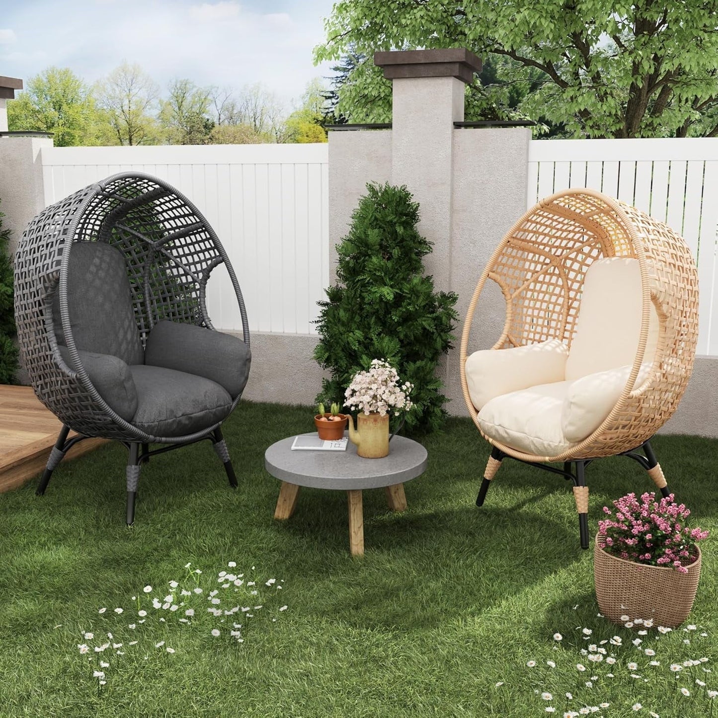 TQKVIPI Oversized Wicker Egg Chair Outdoor Indoor,Patio Lounge Chair with Thicken Cushions & Durable Steel Frame, Egg Basket Chair 500lbs Capacity for Garden, Backyard, Porch,Bedroom (Beige-Plaid)