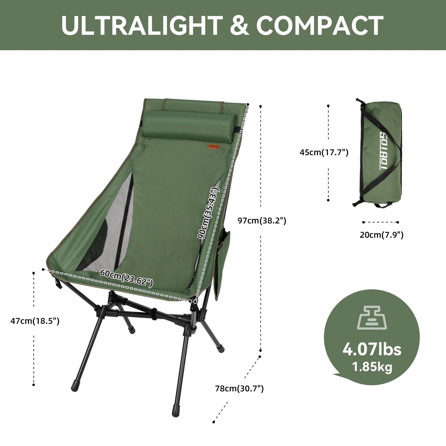 TOBTOS 440lbs High Back Camping Chair with Pillow, Compact Foldable for Camping, Hiking, Backpacking (Green)