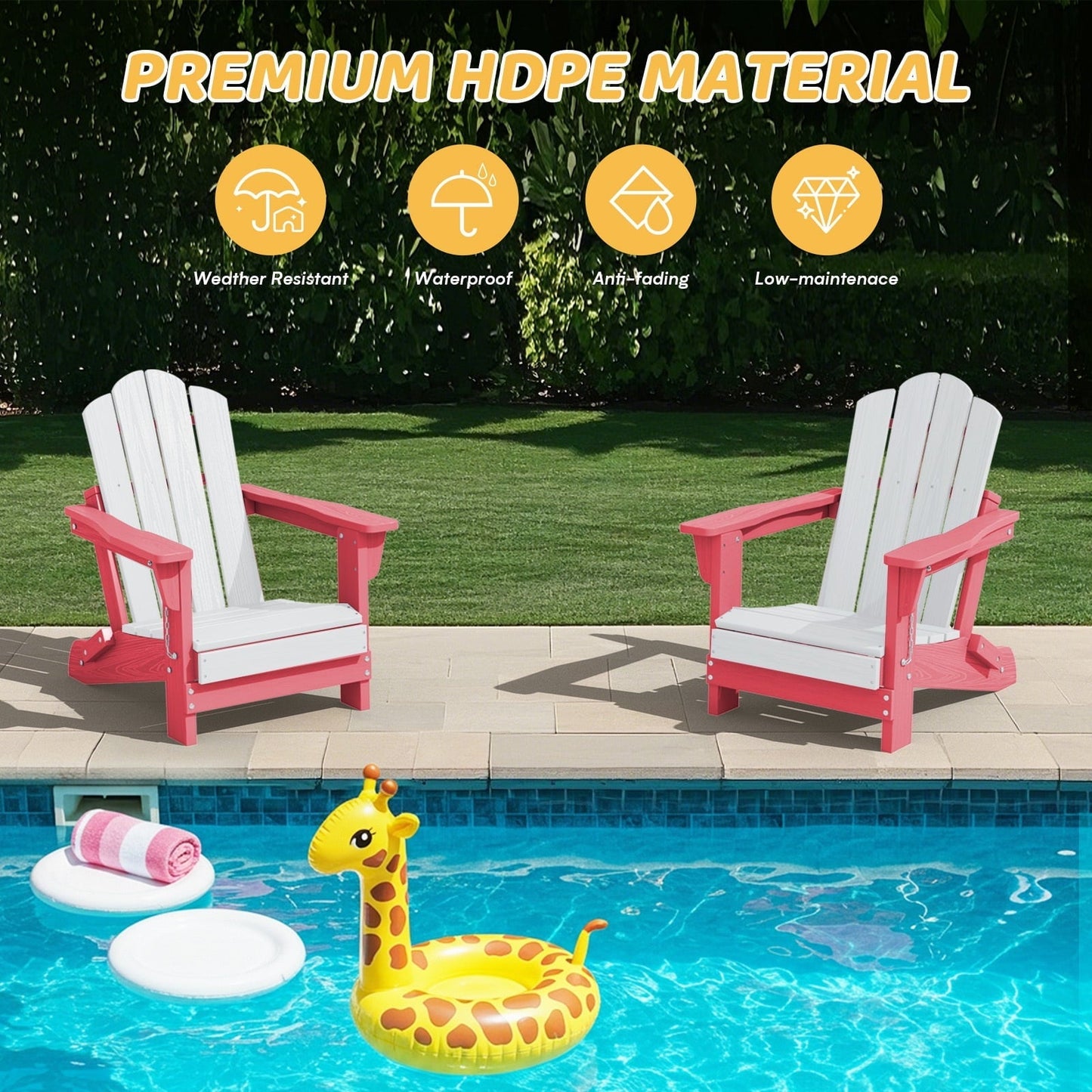 JUSTLET Kids Foldable Adirondack Chair, Lightweight HDPE Outdoor Chair, Weather-Resistant, Portable,Pink and White