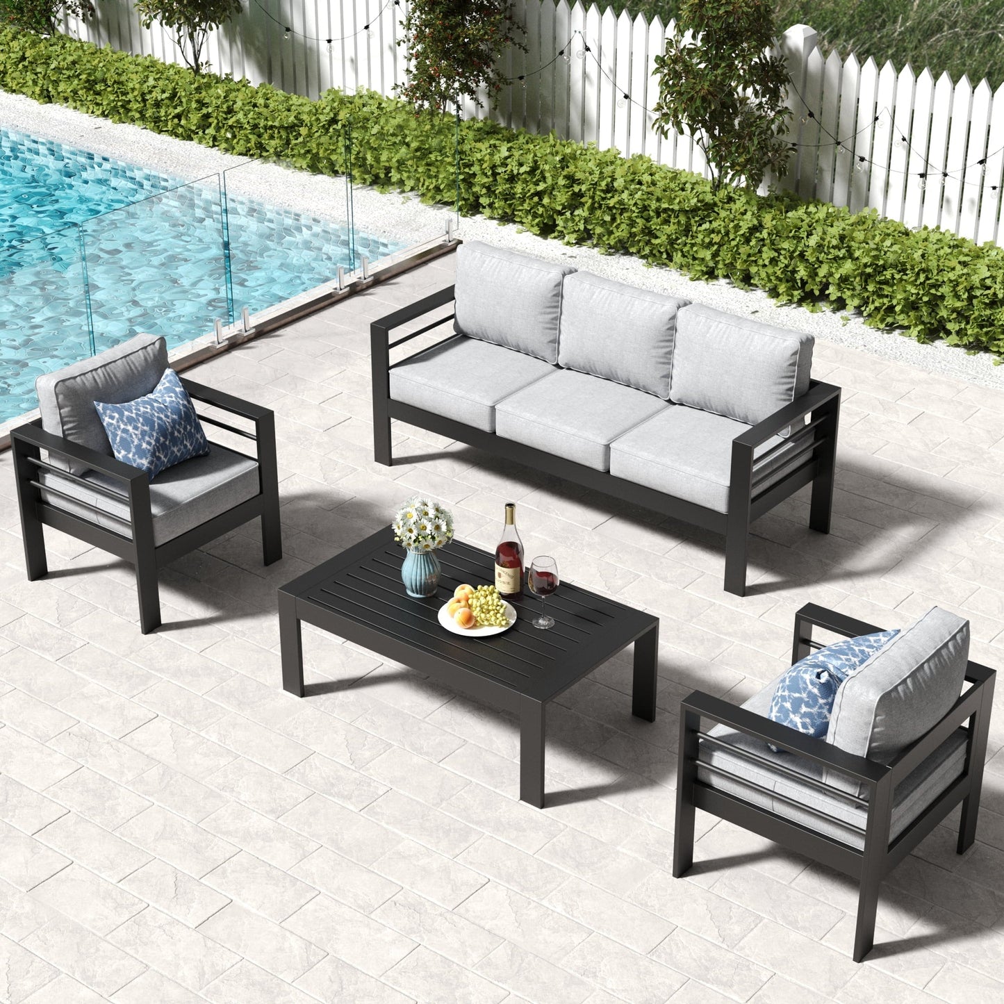 LayinSun Aluminum Outdoor Patio Metal Couch, 3-Seat Sofa Chair with Cushions