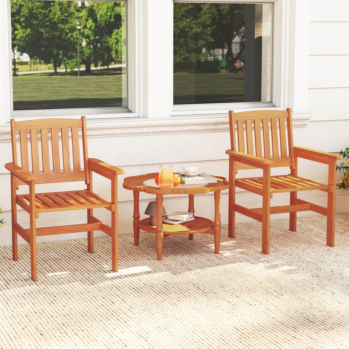 Costway Patio Chairs Set of 2 Outdoor Wooden Dining Chairs with Inclined Backrests