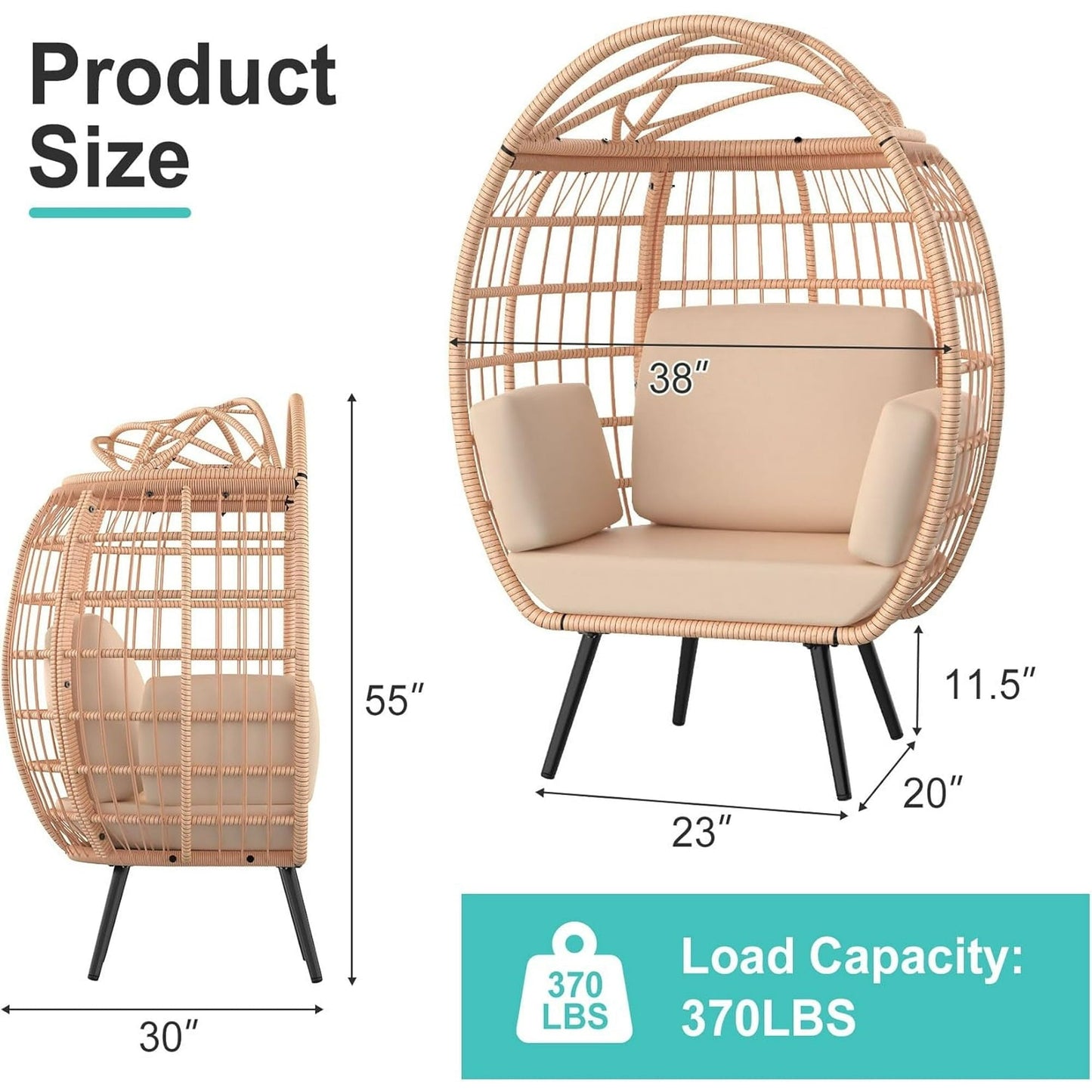 PNKKODW Wicker Standing Egg Chair w/ UV Cushions & Storage Bag, 370lb Capacity, Boho Egg Lounger for Indoor/Outdoor, Brown-Brown