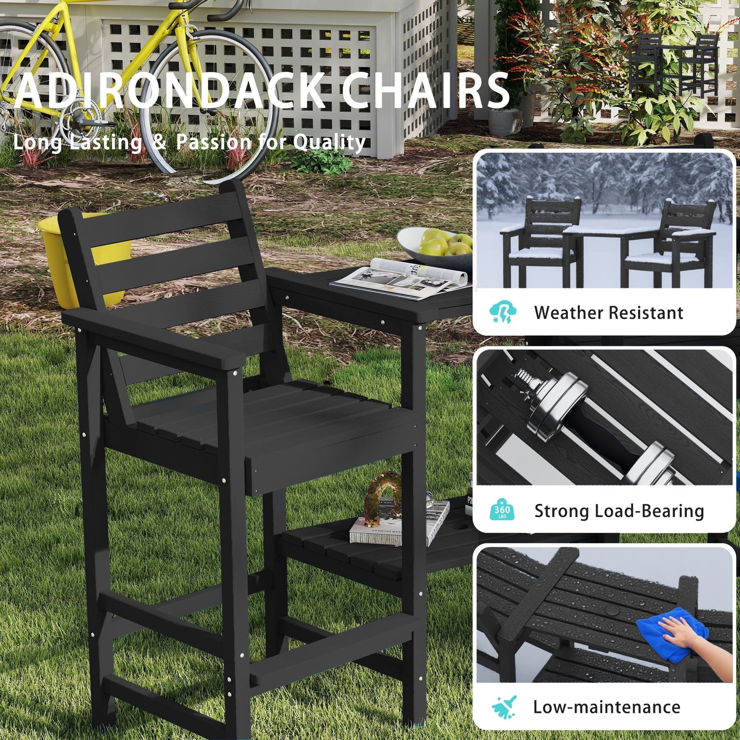 AreShark HDPE Tall Adirondack Chair Set with Removable Double Trays (Set of 2) Black