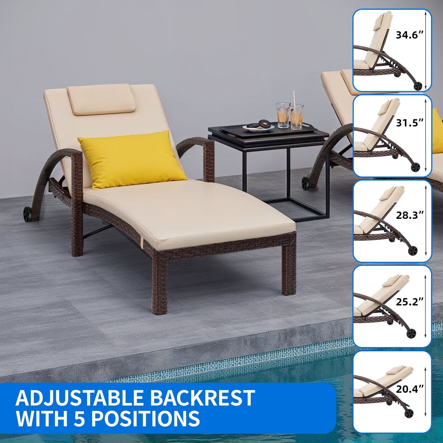 Dextrus 2 Pcs Outdoor Chaise Lounge Chairs, Rattan Wicker Patio Pool Loungers with Cushion & Adjustable Backrest, Arm, Pillow, Wheels