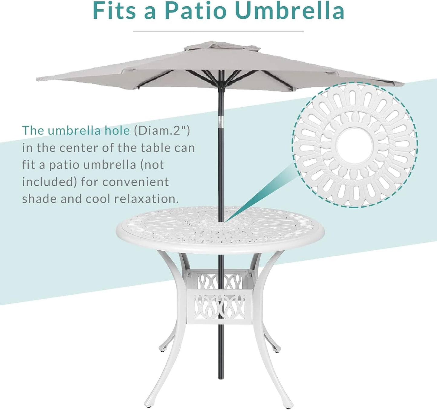 MEETWARM 35.4" Round Patio Dinning Table, Outdoor Cast Aluminum Dinning Table with 2" Umbrella Hole, White