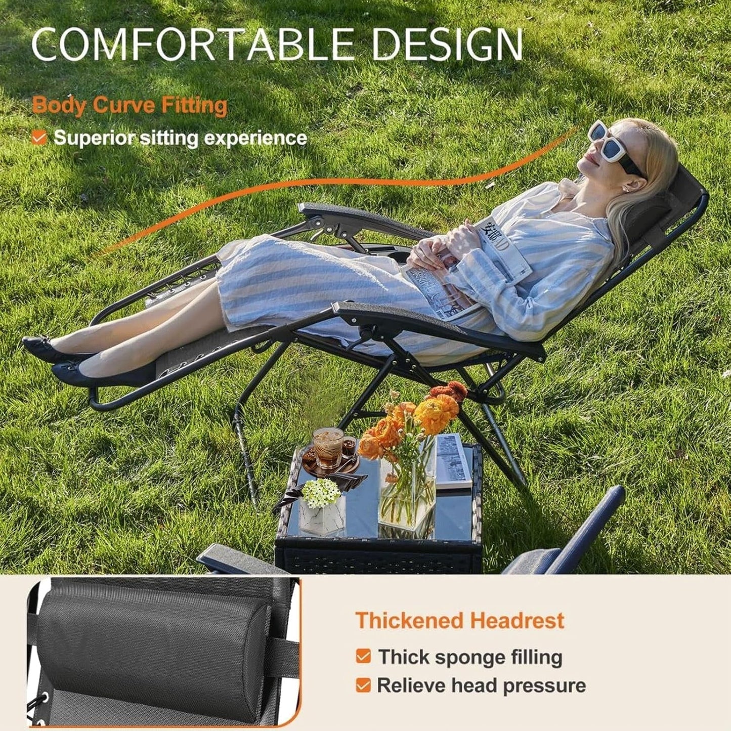 Atilioo Zero Gravity Chairs Set of 2, Adjustable Folding Recliner, Portable Lounge Chair with Steel Frame, Mesh Fabric, Cup Holder Trays & Pillow for Beach, Camping & Patio, Black