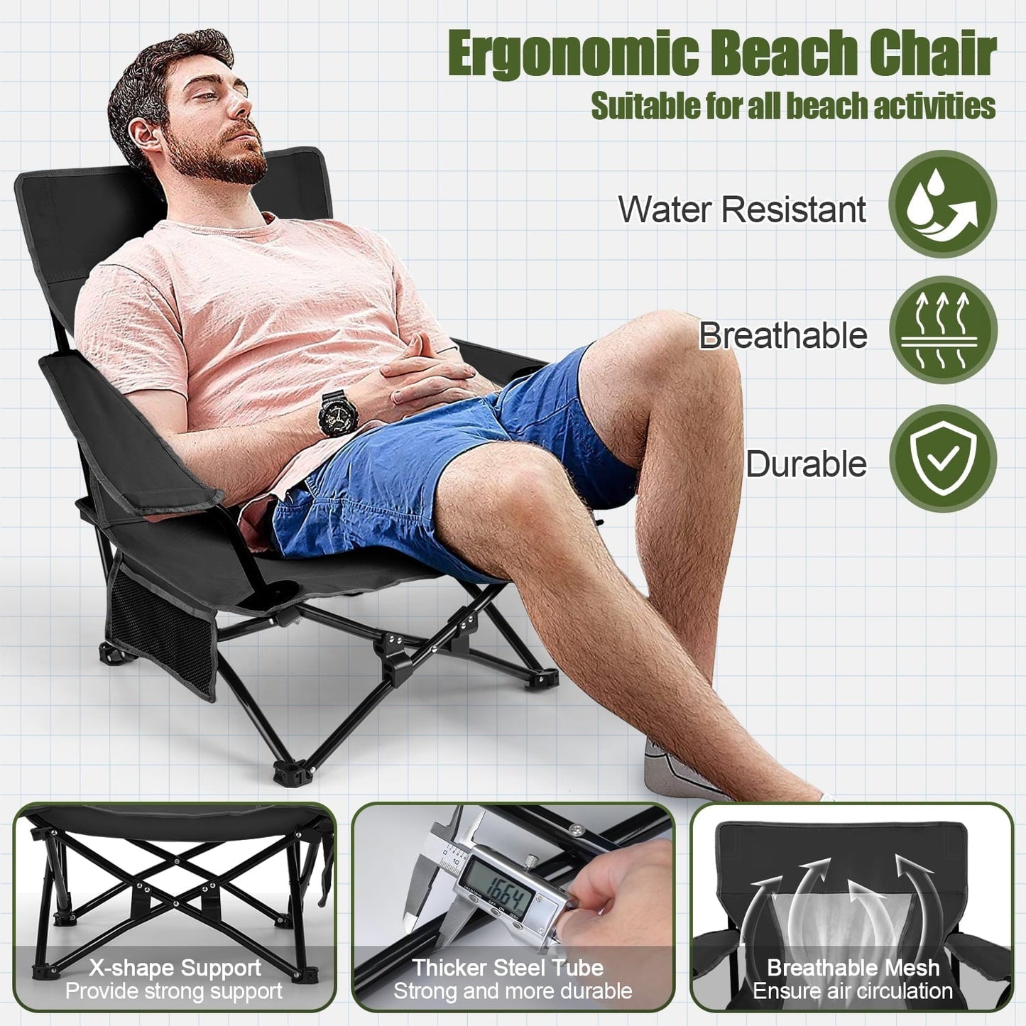 Hasteel Folding Beach Chair for Adults, Low Seat Camping Chair with High Back, Wide Seat Chair with Cup Holder & Carry Bag, Heavy Duty Portable Chair for Outdoor Picnic Travel - Black