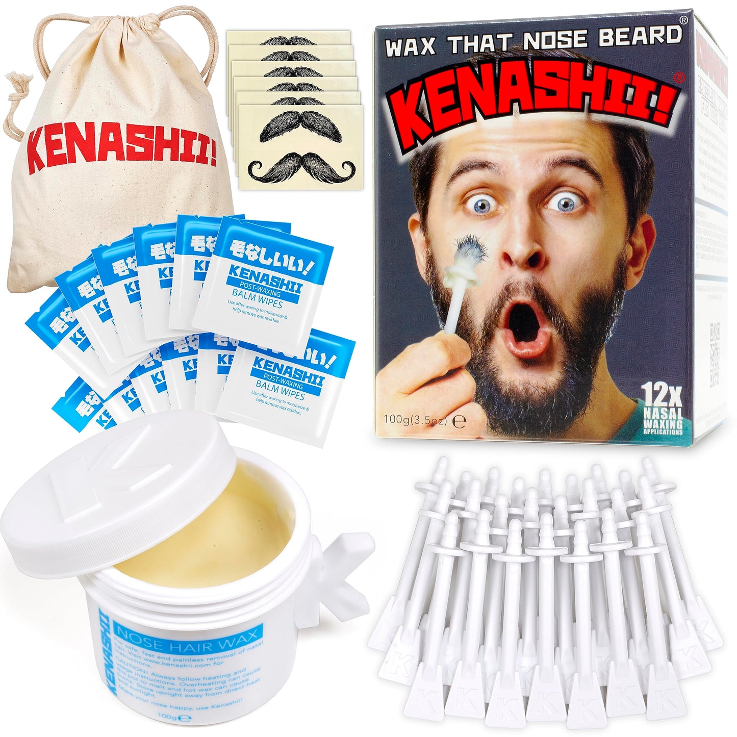 KENASHII Nose Wax Kit | 100 g Wax, 24 Applicators | Hair Removal Kit for Men and Women | Includes Balm Wipes and Mustache Guards | Lasts up to 5 Weeks