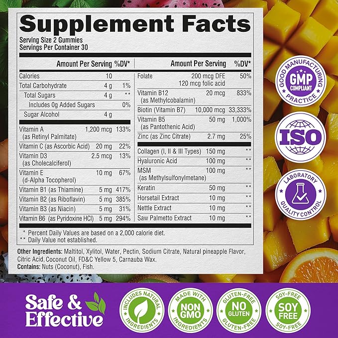 Biotin Gummies with Collagen - Hair Growth Support Skin & Nail Strength - for Women & Men - Biotin 10000mcg | Keratin | Hyaluronic Acid | B-Complex | Saw Palmetto - Sugar-Free, Tropical Mix - 60 Gummy