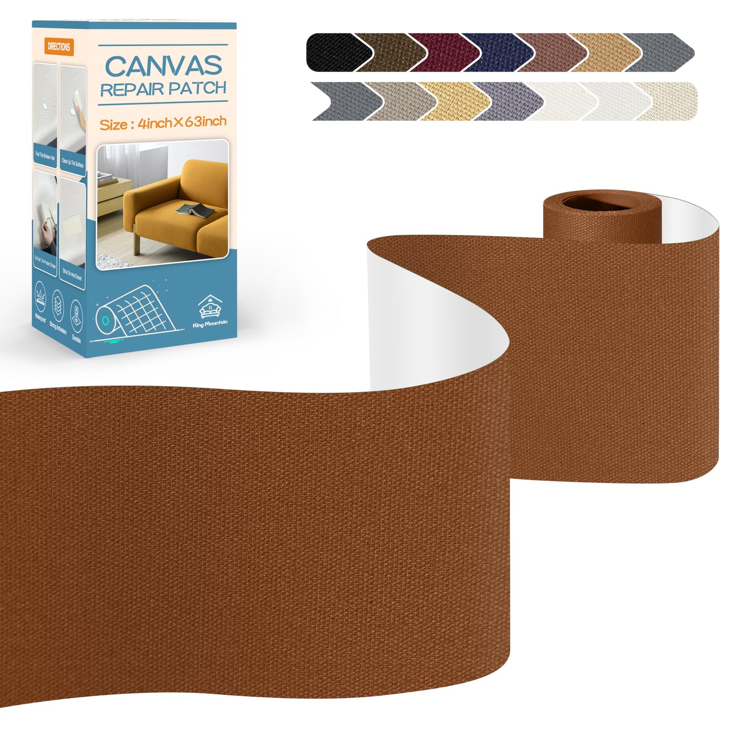 KING MOUNTAIN Canvas Repair Tape,Outdoor Gear Patch, 4×63 Inches,Waterproof,Self-Adhesive for Repairing Boat Covers,Sun Shades,Sofas,Tents,Lounge Chairs,Awnings (Brown1.0)