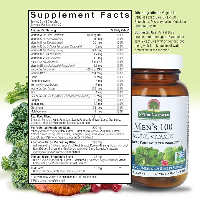 Nature's Answer Mens 100 Multi Vitamin | 60 Vegetarian Capsules | Supports Overall Wellness | Promotes Immune Function | Non GMO | Vegan | Kosher | Made in The USA