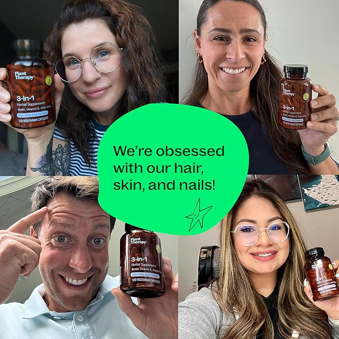 Plant Therapy 3-in-1 Biotin Capsules with Vitamin E & Gotu Kola Manufactured in USA 4 Month Supply Supports Radiant Skin, Hair Growth and Strong Nails Supplements for Women 120 Vegetarian Capsule