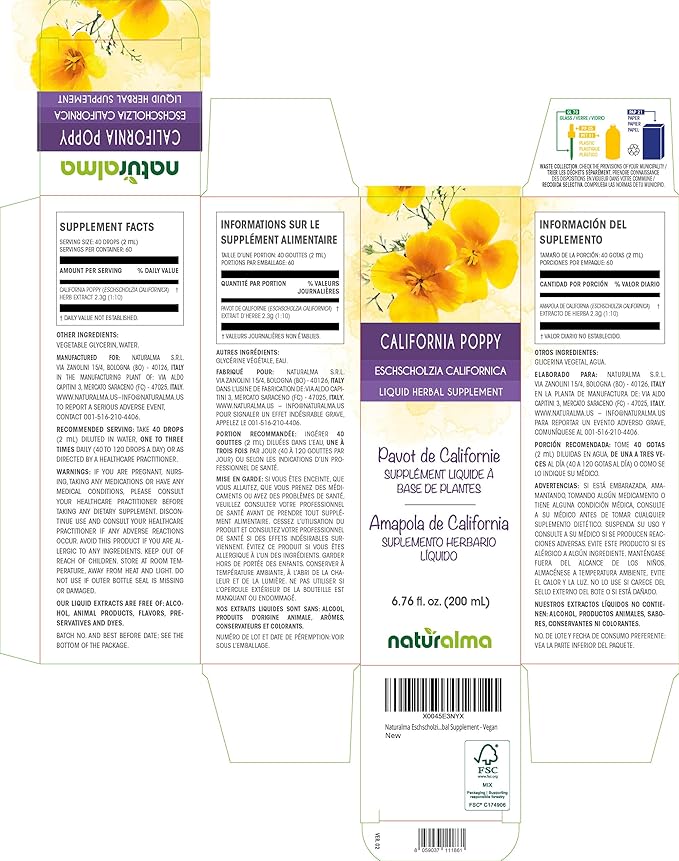 Naturalma Eschscholzia (Eschscholzia californica) herb Alcohol-Free Tincture - 6.76 fl oz Liquid Extract in Drops - Herbal Supplement - Vegan