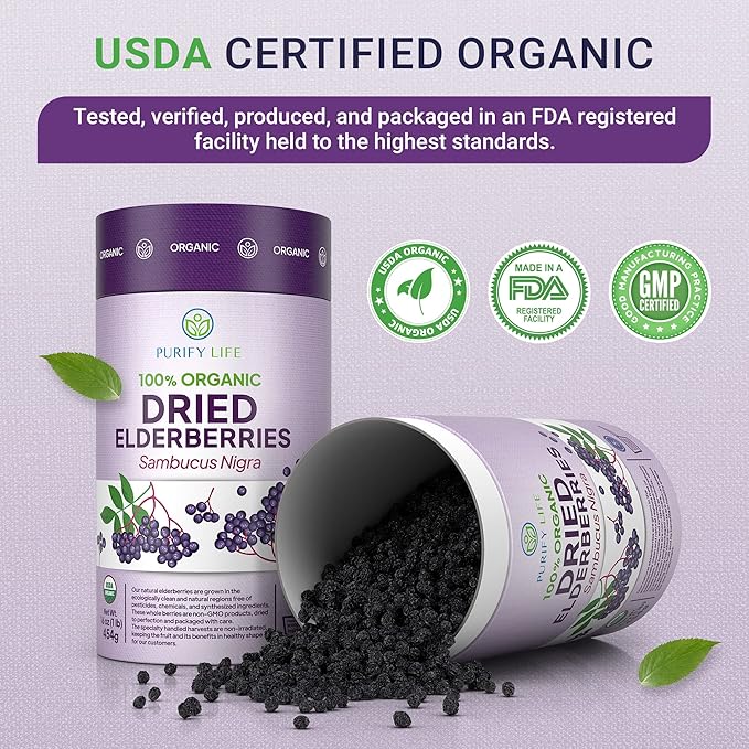 USDA Organic Dried Elderberries 1lb Bulk (Safest Packaging, Resealable Bag, BPA-Free Scoop) Natural, non-irradiated, Raw Whole Black Elderberry, Immune Support, Make Sambucus Elderberry Syrup, 1 Pound