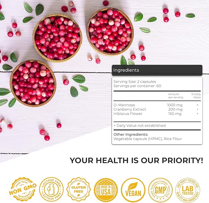 Urinary Tract Infection Treatments D Mannose 1000mg Capsules - Potent D-Mannose & Cranberry Pills with Hibiscus Extract - Strength Urinary Tract Support, Healthy Bladder Control (120 Capsules)