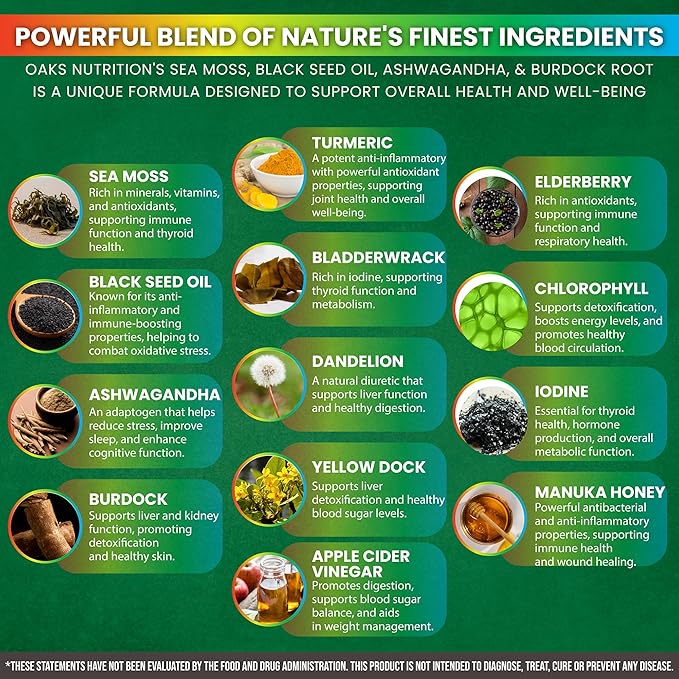 Sea Moss, Black Seed Oil, Ashwagandah & Burdock Root - Antioxidant Multivitamin Blend - 60 Capsules
