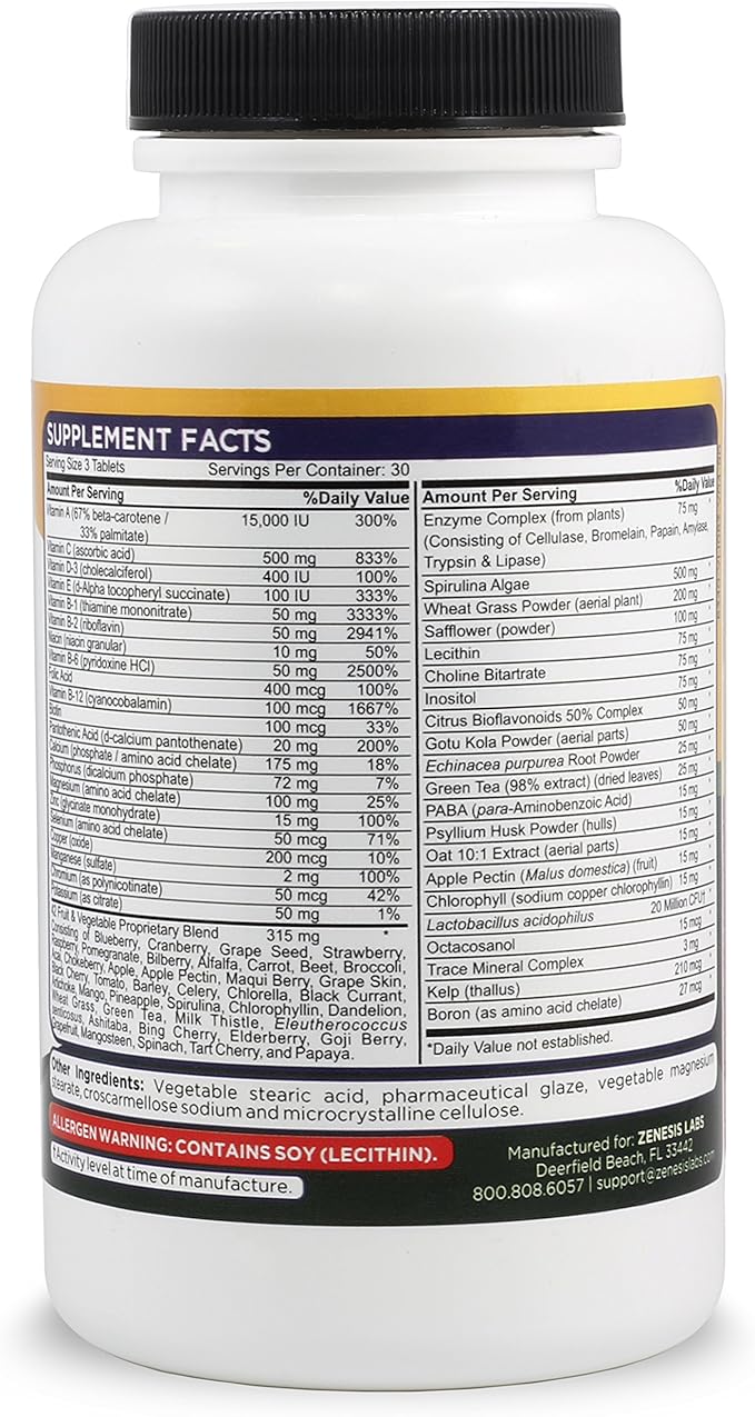 Zenesis Labs Essentials - a Natural & Nutrient Rich Multi-Vitamin - with Minerals, Enzymes, Amino Acids, Antioxidants and Probiotics - 90ct