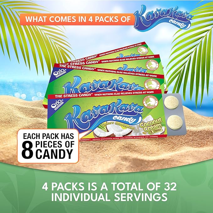 Ozia Originals Kava Kava Candy - 8 Kava Candies Per Pack, Kava Extract Stress Relief Supplement, Natural Kava Root Chill Happy Pill, Encourages Positive Mood - Coconut Cream Flavor, 4 Packs