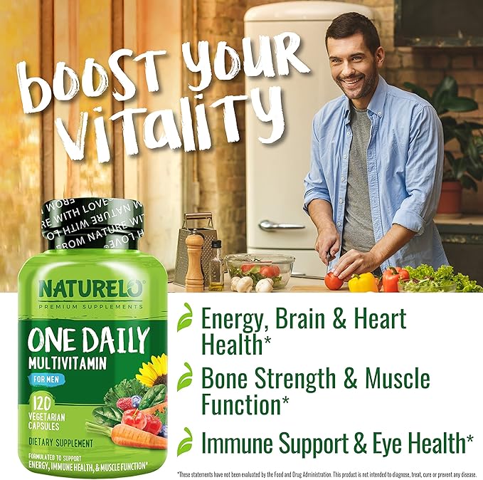 NATURELO Mens Multivitamins - One Daily Multivitamin for Men with Vitamins, Minerals & Organic Whole Foods, Boost Energy & Health, Non-GMO, 120 Vegetarian Capsules