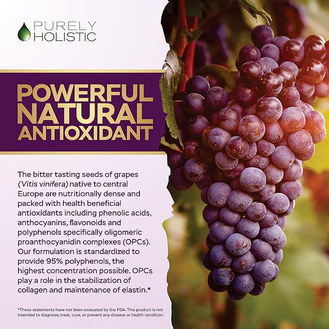 Purely Holistic Grape Seed Extract 20,000mg - 250 Vegan Capsules - 8+ Month Supply - Standardized to 95% Polyphenols - 400 mg per Capsule - Maximum Strength Grapeseed - Non-GMO & Pesticide Free
