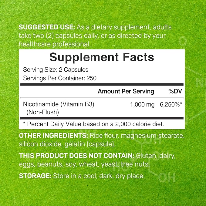 Vitamin B3 Nicotinamide 1,000mg Per Serving – 500 Capsules, Flush Free Niacin, Essential B3 – Supports Healthy Skin & Energy Production – Non-GMO