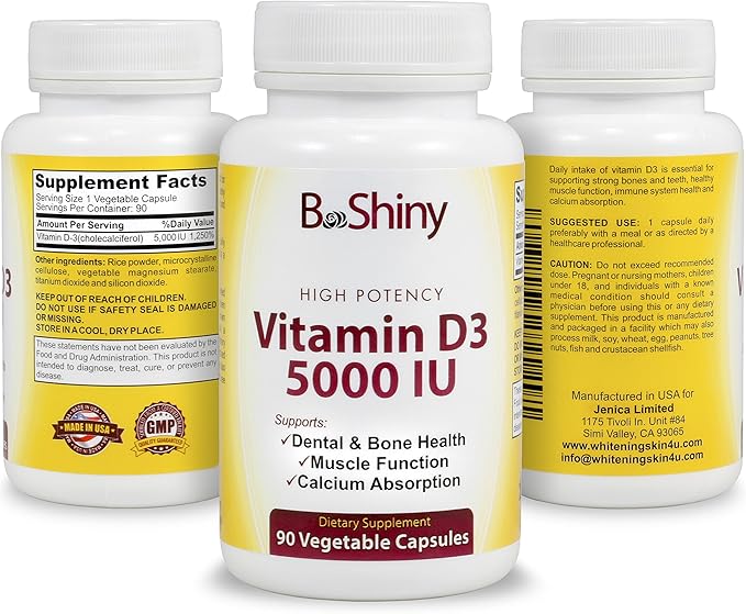 Vitamin D3 5000 IU High Potency 90 Vegetarian Capsules in Non-GMO for Enhanced Calcium Absorption, Dental and Bone Health, Muscle Function