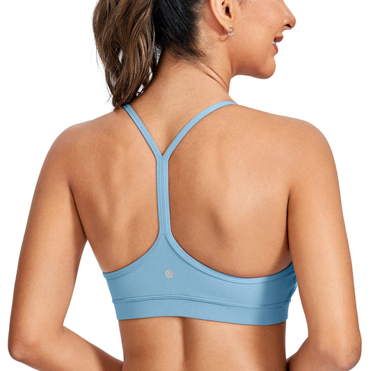 CRZ YOGA Butterluxe Womens Y Back Sports Bra - Padded Racerback Low impact Spaghetti Thin Strap Workout Yoga Bra Pure Blue Small