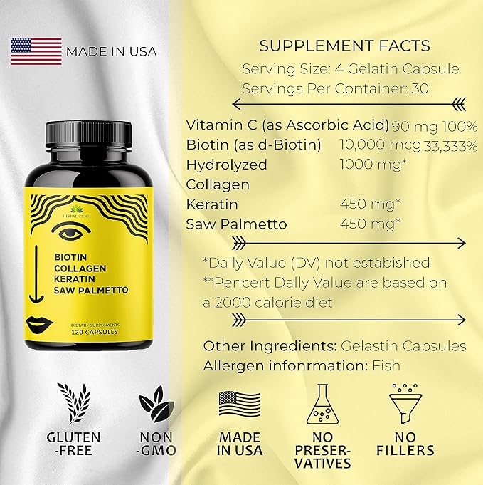 Biotin Vitamins with Collagen, Keratin & Saw Palmetto for Women and Men - Biotin 10000 mcg Hair Skin Nails Supplement for Hair, Skin, and Nails Wellness - Made in USA, 120 Capsules