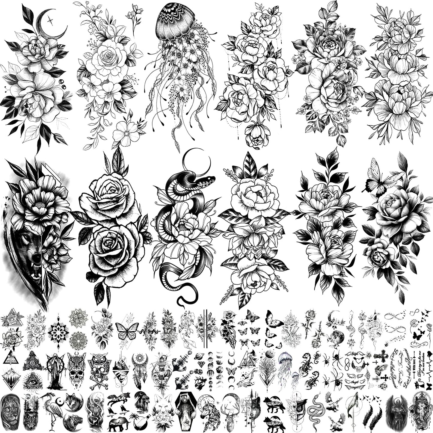 72 Sheets 3D Flowers Temporary Tattoos for Women Adult, Fake Tattoos Body Art Arm Sketch Tattoo Stickers for Women and Girls