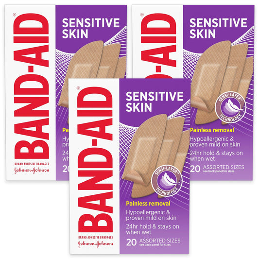 Band-Aid Brand Adhesive Bandages for Sensitive Skin, Durable Hypoallergenic Bandages to Protect Minor Cuts, Scrapes & Burns, Sterile, Assorted Sizes, Three Pack, 3 x 20 ct