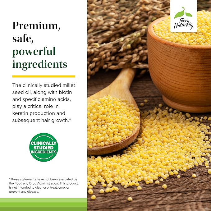 Terry Naturally Hair Renew Formula - Hair Growth Support Supplement with Horsetail Biotin & Folic Acid - Millet Seed Oil for Keratin Production Support - 60 Softgels