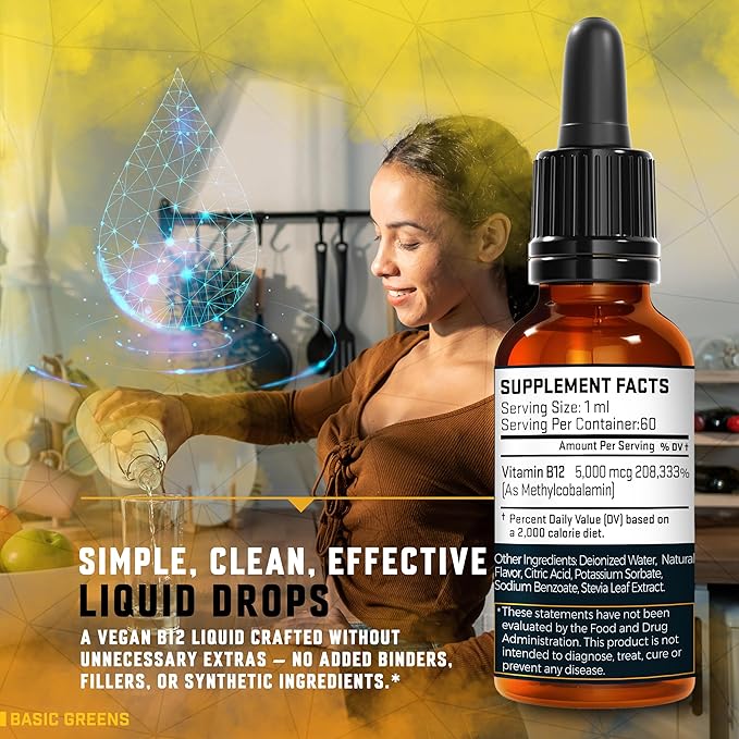 Vitamin B12 Sublingual (Vegan) 2 Fl Oz - Methylcobalamin B12 Vitamins 5000 mcg, B12 Liquid Drops, Methyl B12, Cherry Flavor
