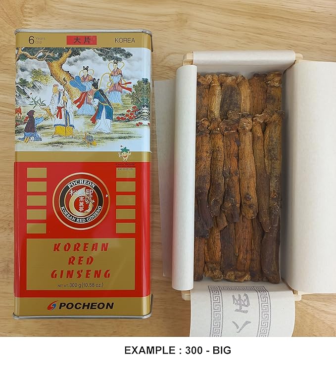 Pocheon 300g(10.6oz) Korean Canned Dried Panax Red Ginseng 6 Years Cut Grade 300-Small (34 Roots), Natural Immune Support