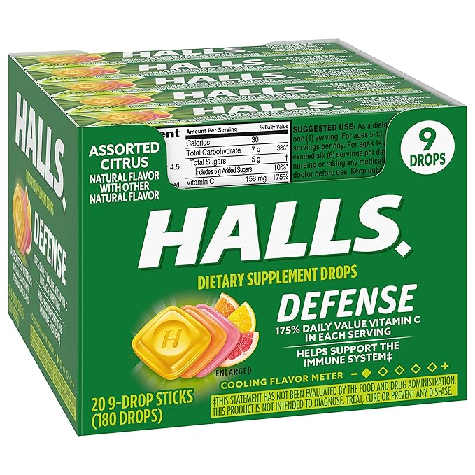 HALLS Defense Assorted Citrus Vitamin C Drops, 20 Sticks of 9 Drops (180 Total Drops)
