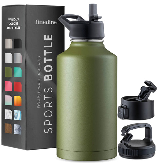 FineDine Triple Walled, Insulated Water Bottles with Straw - 64 Oz Stainless Steel Metal Bottle W/ 3 Leak Proof Lids - For Travel, School, Sports, Gym / Men, Women & Kids - Army Green