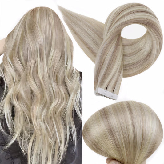 Full Shine Tape in Hair Extensions 12 Inch Remy Tape Hair Extensions 20pcs 30g Highlight Color 18 Ash Blonde And 613 Blonde Extensions for White Women Glue on Hair for Short Hair Extensions