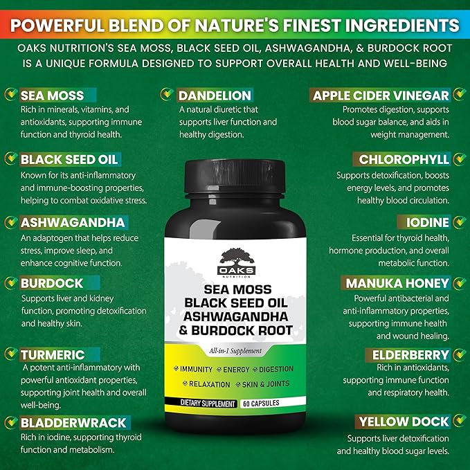 Sea Moss, Black Seed Oil, Ashwagandah & Burdock Root - Antioxidant Multivitamin Blend - 60 Capsules