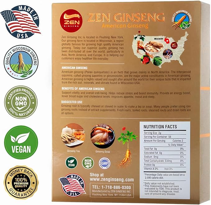 Zen American Wisconsin Ginseng - Small Long Root - Premium Quality Panax Ginseng. Boosts Body Immunity, Energy for Men & Women (8 Oz, Small Long Root-8oz)